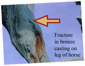 Crack in bronze casting on leg of horse